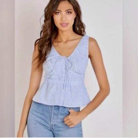 ASTR LIGHT BLUE AND WHITE GINGHAM TOP SIZE M MEDIUM - Picture 14 of 17